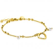 ZINZI gold plated zilveren fantasie armband met 15 kleine bolletjes, twee bungelende witte pareltjes en met speelse organische open vorm in het midden 17-20cm ZIA2405