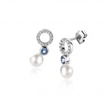15mm ZINZI zilveren oorstekers met witte parel, ronde lichtblauwe kleursteen en open rondje bezet met witte zirconia's ZIO2442