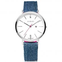Zinzi Retro horloge witte wijzerplaat stalen kast leren band denimblauw 38mm extra dun ZIW406D
