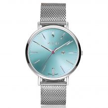 Zinzi Retro horloge blauw-groen gekleurde wijzerplaat en kast stalen mesh band 38mm extra dun ZIW411M
