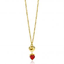 ZINZI gold plated zilveren schakel ketting met liefdevolle harten, glanzend en bezet met rode kleursteen 42-45cm ZIC-BF94