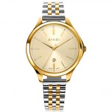 ZINZI Classy horloge 34mm goudkleurige wijzerplaat goudkleurige stalen kast en bicolor band, datum ziw1010
