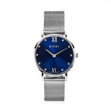 ZINZI Lady Crystal horloge donkerblauwe wijzerplaat en kast stalen mesh band, witte crystals bij uuraanduiding, 28mm extra dun ZIW630M
