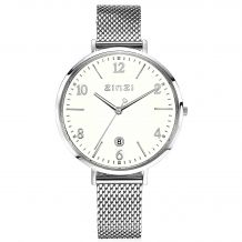 ZINZI horloge SOPHIE witte wijzerplaat met datum, stalen kast 38mm, stalen mesh band 14mm ZIW1406
