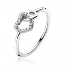 ZINZI zilveren ring 2 hartjes met elkaar verbonden, 1 hart bezet met witte zirconia's ZIR2493