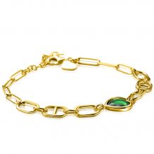 ZINZI gold plated zilveren armband met trendy ovale en marine schakels, groot hartje bezet met groene kleursteen 16,5-19,5cm ZIA-BF68