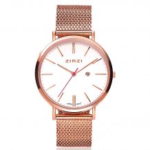 ZINZI Retro horloge witte wijzerplaat stalen kast roségoudgekleurd stalen mesh band roségoudgekleurd 38mm extra dun ZIW408M