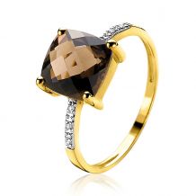 ZINZI Gold 14 karaat gouden ring met grote vierkante smokey quartz en 6 diamanten totaal 0,02crt ZGR45