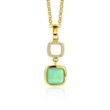 ZINZI gold plated zilveren tweezijdige hanger 30mm vierkant met witte onyx en mintgroene kleursteen ZIH2308