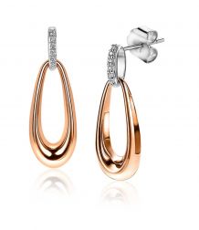 ZINZI zilveren oorsieraden 25mm in 14K rosé verguld open druppelvorm witte zirconia ZIO2125