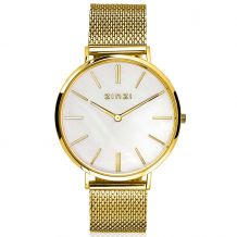 ZINZI Retro horloge witte parelmoer wijzerplaat en geelgoudkleurige stalen kast stalen mesh band geelgoudkleurig 38mm extra dun ZIW448M