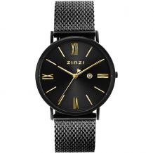 ZINZI Roman horloge 34mm zwarte wijzerplaat, zwarte kast met geelvergulde wijzers zwarte stalen mesh band extra dun ZIW549M