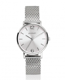 ZINZI Lady horloge zilvergekleurde wijzerplaat en kast stalen mesh band 28mm extra dun ZIW602M