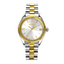 ZINZI Iconic horloge 30mm met datum, goudgekleurde gekartelde rand, zilverkleurige wijzerplaat en stalen bicolor schakelband ZIW2233

