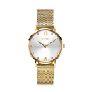ZINZI Lady Crystal horloge zilvergekleurde wijzerplaat, geelgoudkleurige kast en stalen mesh band, witte crystals bij uuraanduiding, 28mm extra dun ZIW633M