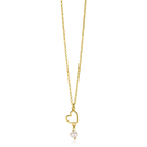 ZINZI gold plated zilveren ketting met open hartje en bungelend witte zoetwaterparel 40-45cm ZIC2642