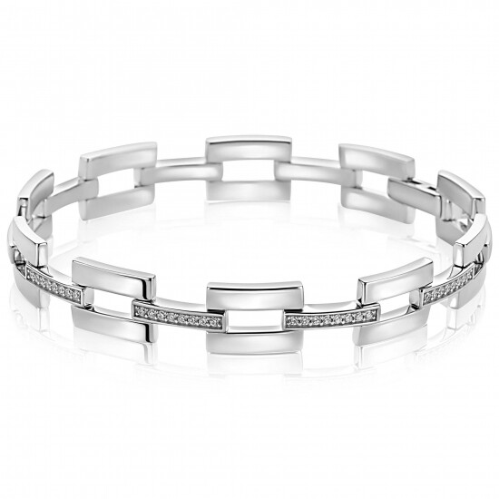 Mart Visser by ZINZI zilveren schakel armband 9mm met rechthoekige schakels, bezet met witte zirkonia's MVA27