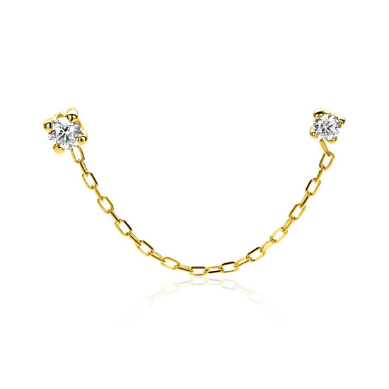 35mm ZINZI Gold 14 krt gouden dubbele oorstekers met verbonden ketting en witte zirkonia ZGO547 
