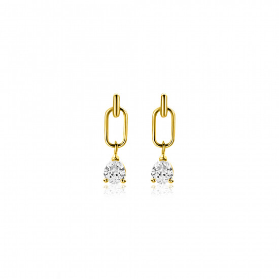 12mm ZINZI Gold 14 krt gouden oorstekers, open ovaal met peervormige witte zirkonia ZGO548