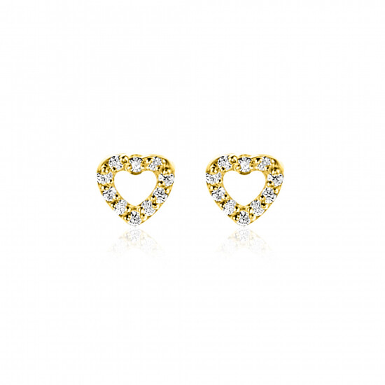 5mm ZINZI Gold 14 krt gouden oorknoppen open hartje bezet met witte zirkonia's ZGO551