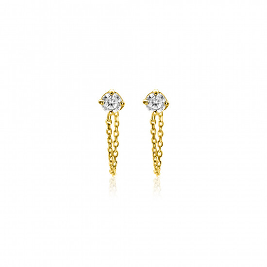 12mm ZINZI Gold 14 krt gouden oorstekers met ketting en ronde witte zirkonia ZGO552