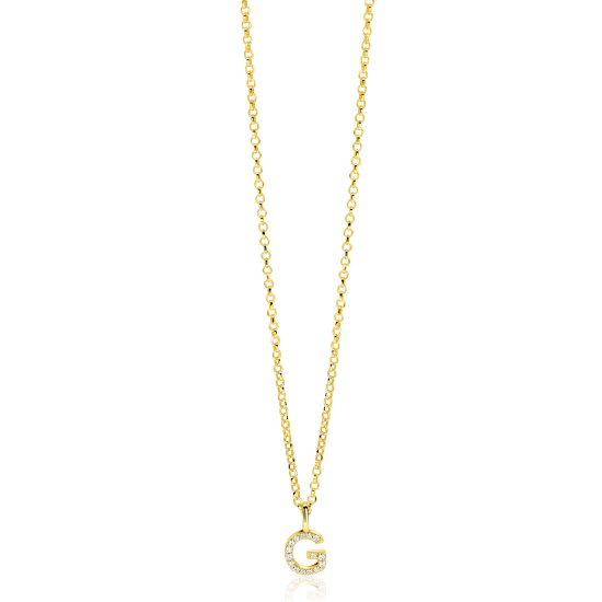 ZINZI gold plated zilveren letter hanger G bezet met witte zirkonia's ZIH2828-G (zonder ketting)