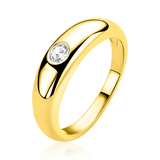 ZINZI gold plated zilveren ring (6mm) met een brede gladde organische vorm en bezet met een ronde witte zirkonia ZIR2898