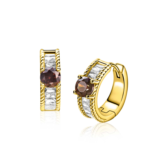16mm ZINZI gold plated zilveren oorringen met een bruine kleursteen, een rij baguette geslepen witte zirkonia’s en sierlijke randafwerking, met klapsluiting ZIO2880