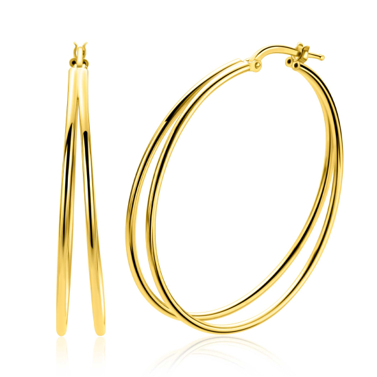 43mm ZINZI grote gold plated zilveren multi-look oorringen met dubbele buis. Met gemakkelijke bovensluiting ZIO2859G