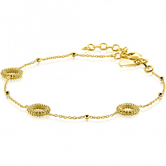 ZINZI gold plated zilveren armband met drie open rondjes (8,5mm) voorzien van een bolstructuur 17-20cm ZIA2704G