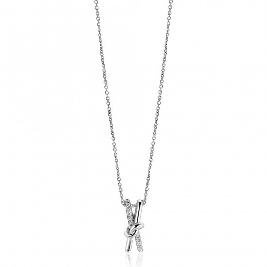 45cm ZINZI zilveren ketting met cross-over hanger 19mm met knoop, bezet met witte zirconia's ZIC2505