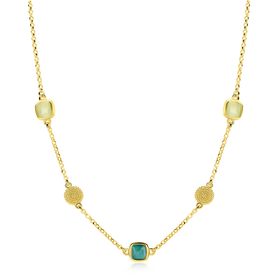 ZINZI gold plated zilveren ketting 45cm met drie vierkante kleurstenen in zachte groentinten, afgewisseld met ronde structuurelementen ZIC2904