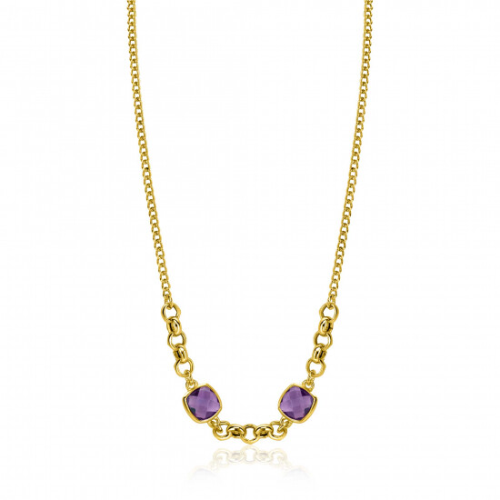 ZINZI gold plated zilveren gourmet schakel ketting met twee vierkante paarse kleurstenen 40-45cm ZIC-BF122