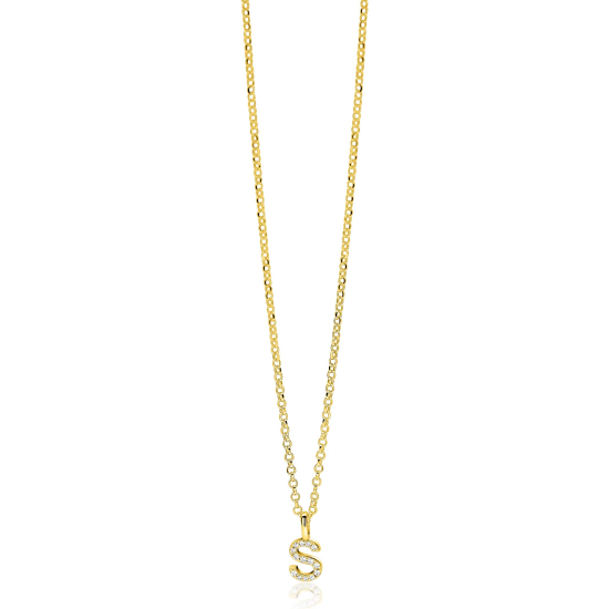ZINZI gold plated zilveren letter hanger S bezet met witte zirkonia's ZIH2828-S (zonder ketting)