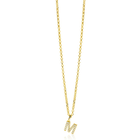 ZINZI gold plated zilveren letter hanger M bezet met witte zirkonia's ZIH2828-M (zonder ketting)