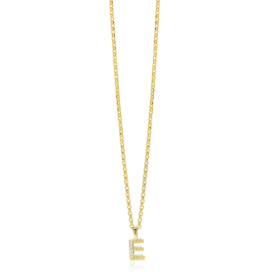 ZINZI gold plated zilveren letter hanger E bezet met witte zirkonia's ZIH2828-E (zonder ketting)