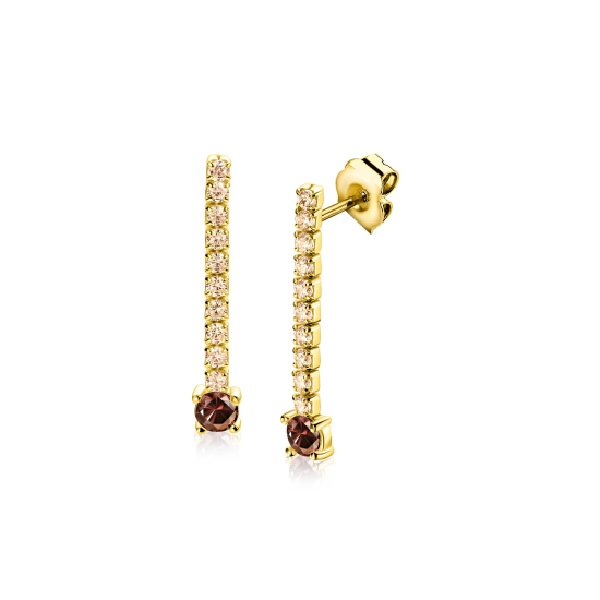 26mm ZINZI gold plated zilveren tennis oorstekers met een rijzetting champagnekleurige zirkonia's en iets grotere donkerbruine zirkonia's ZIO2894C