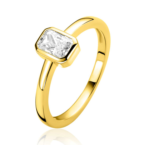 ZINZI gold plated zilveren ring met een rechthoekige gladde kastzetting (9mm) bezet met een witte zirkonia ZIR2899