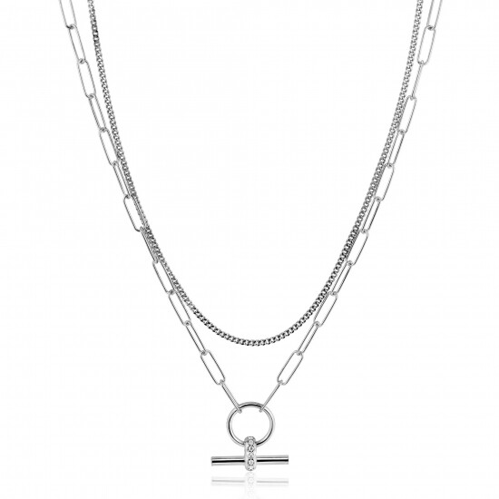 ZINZI zilveren schakel ketting 50cm met multilook: combinatie van gourmet en paperclip schakels en trendy T-bar bezet met witte zirconia's ZIC2462