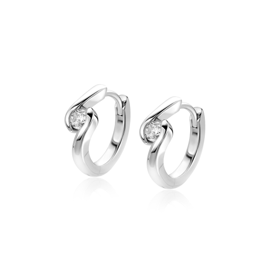 14mm ZINZI zilveren oorringen met ronde zirkonia, sierlijk omklemd door twee golvende banen, met luxe klapsluiting ZIO2766