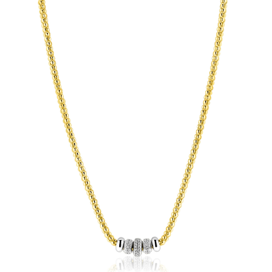 ZINZI goldplated zilveren popcorn schakelcollier 42-48cm met vijf sierlijke, beweegbare beads in zilver en wit zirkonia ZIC2779Y
