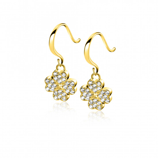 17mm ZINZI gold plated zilveren oorhangers met klaver 4 bezet met witte zirkonia's ZIO-BF131