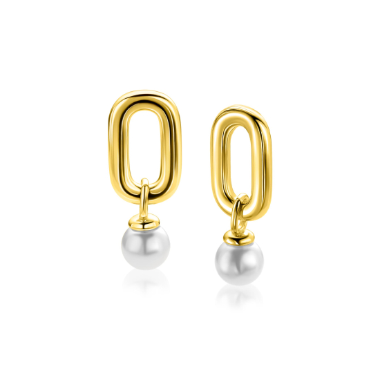 23mm ZINZI goldplated zilveren oorbedels met een langwerpige stoere schakel en witte parel ZICH2821G (zonder oorringen)