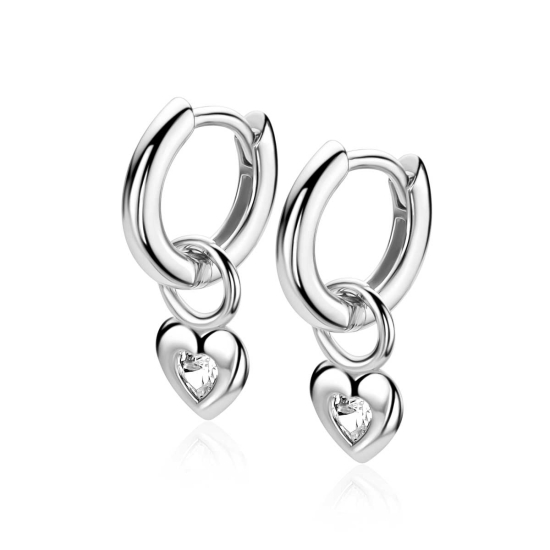 7mm ZINZI zilveren oorbedels met een glad hartje, bezet met een hartvormige witte zirkonia ZICH2886 (zonder oorringen)