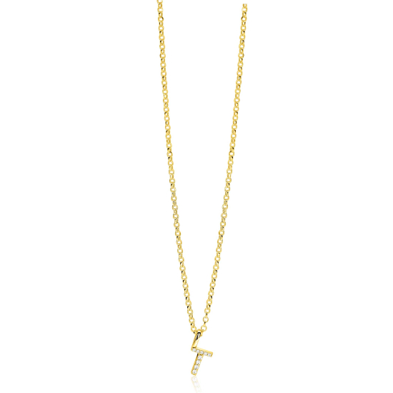 ZINZI gold plated zilveren letter hanger T bezet met witte zirkonia's ZIH2828-T (zonder ketting)