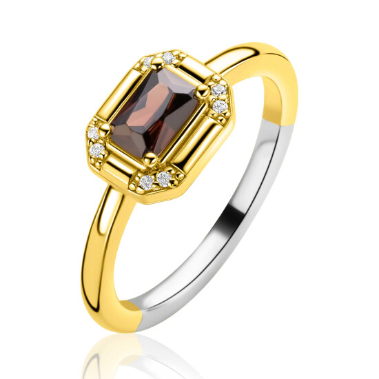 ZINZI goldplated zilveren ring met achthoekige zetting en bruine kleursteen ZIR2803