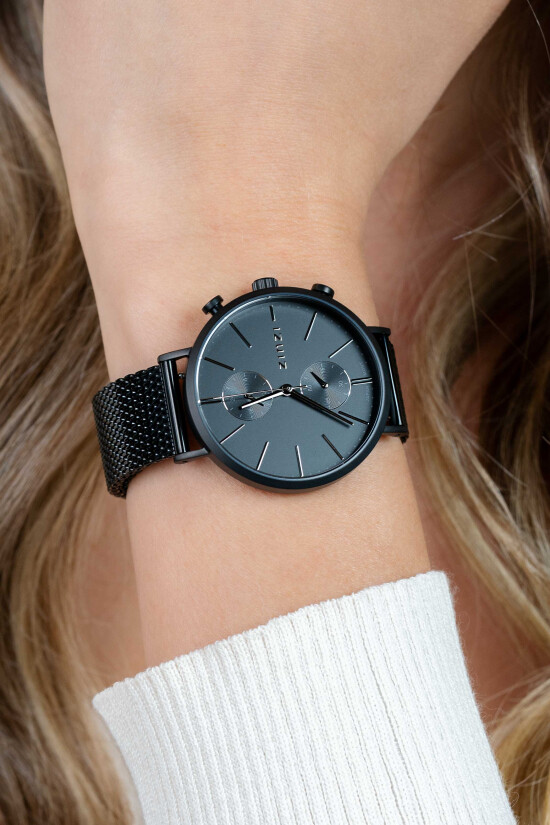 ZINZI watch Traveller black zwarte wijzerplaat, zwarte stalen kast zwarte mesh band 39mm dual time ZIW750M