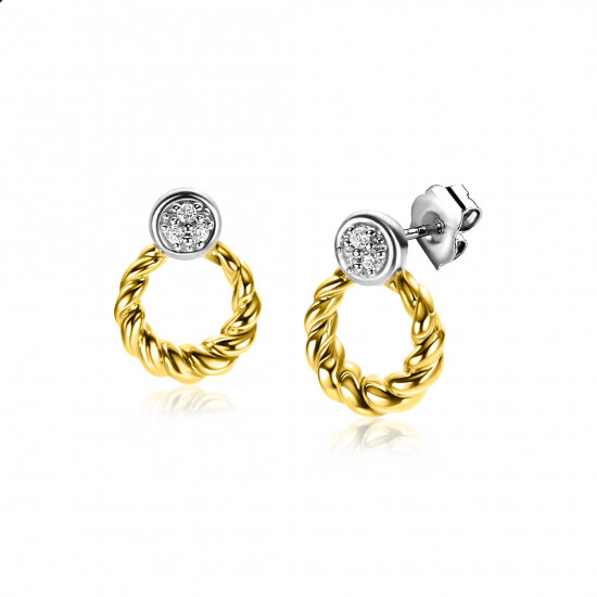 ZINZI zilveren bicolor ronde oorstekers 12mm gedraaid motief, bezet met witte zirconia's ZIO2390Y