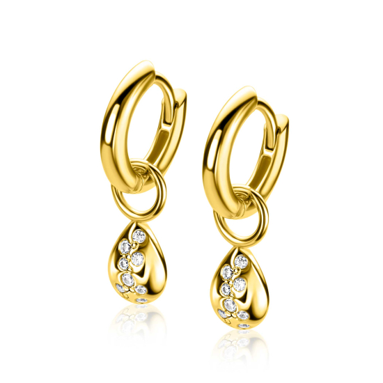 6mm ZINZI gold plated zilveren oorbedels in druppelvorm speels bezet met witte zirkonia's ZICH2871 (zonder oorringen)