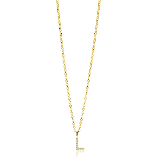 ZINZI gold plated zilveren letter hanger L bezet met witte zirkonia's ZIH2828-L (zonder ketting)